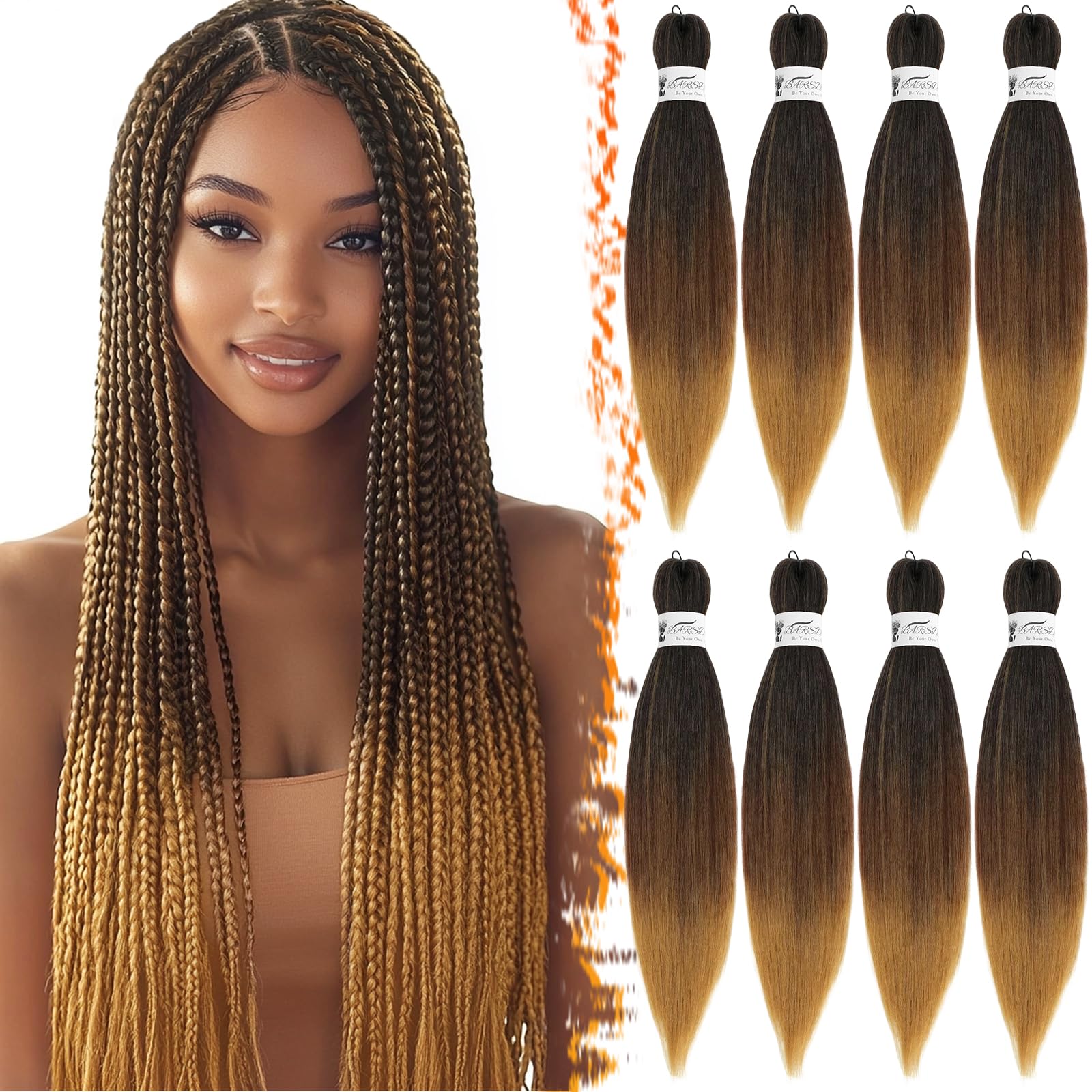 BARSDAR Pre Stretched Braiding Hair, 26 Inch 8 Packs Long Ombre Pre Stretched Professional Synthetic Crochet Braiding Hair Hot Water Setting Yaki Texture Easy Braid Hair -T1B/30/27#