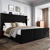 Uteeran 55" Tall King Size Platform Bed Frame with 2 Reading Lights, Black | Channel Tufted Velvet Upholstered Wingback Bed, 20.1" Footboard, 2 Side Pockets, Storage Shelf &amp; Charger, Easy Assembly