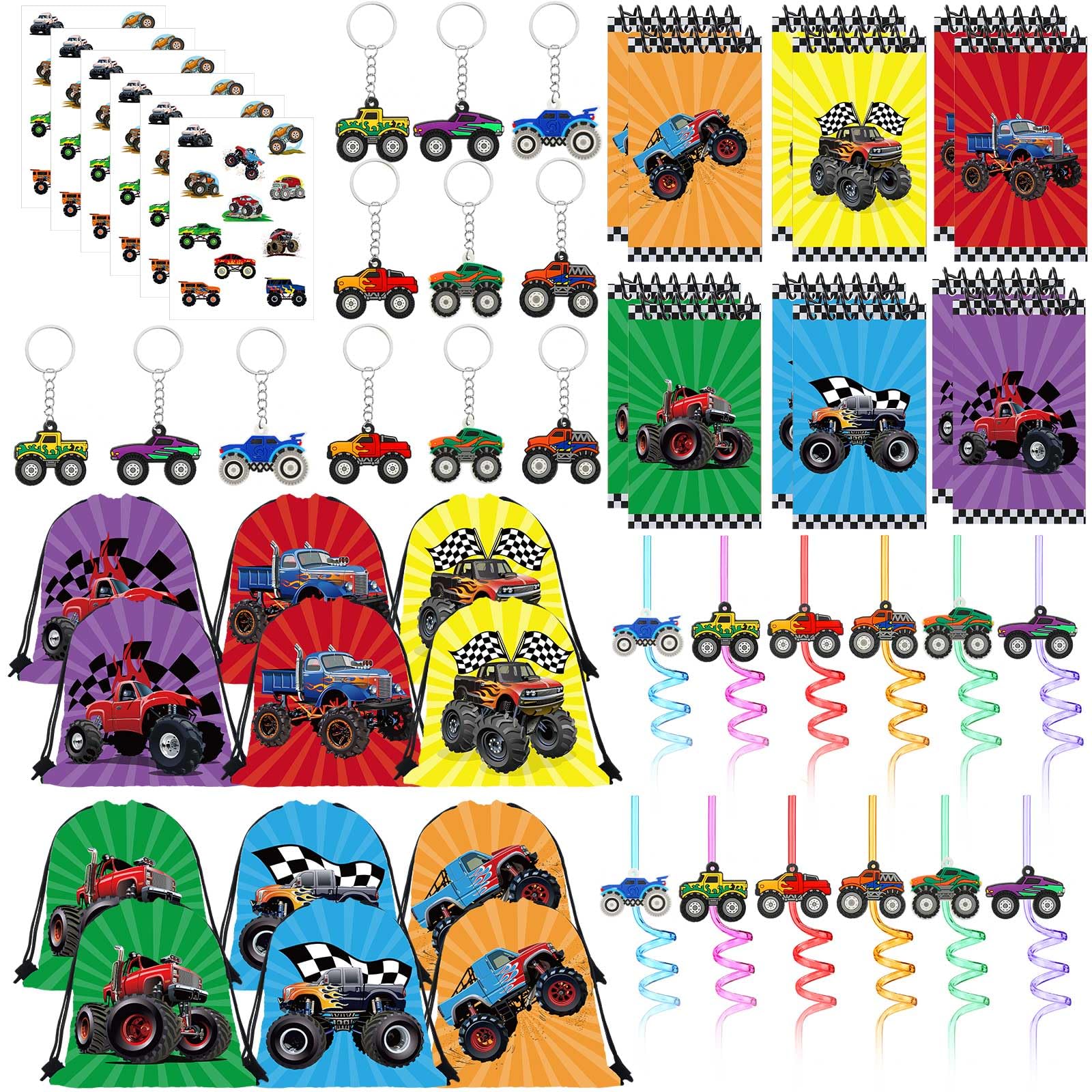 Photo 1 of Cunno 98 Pcs Monster Truck Party Favors Include Truck Drinking Straws Mini Keychains Drawstring Bag Spiral Notepads and Stickers for Kids Boys Cars Birthday Party Supplies Decorations Decor