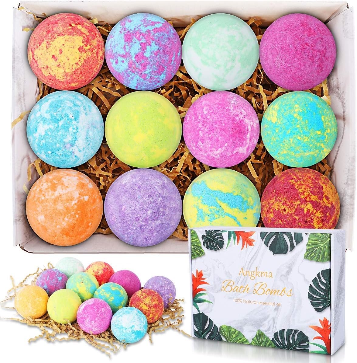 ANGKMA Bath Bombs 12pcs Handmade Bubble Bath Bomb Gift Set, shea Butter, Grape Seed Oil, moisturizing Dry Skin, is The Perfect Gift idea for Women.
