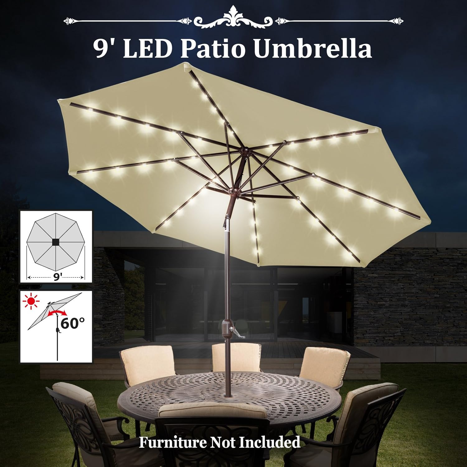 Amazon Com Benefitusa 9 Patio Umbrella 40 Led Lights Garden Outdoor Sunshade With Crank And Tilt Ecru Garden Outdoor