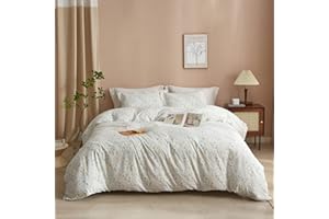 VClife Modern Cottagecore White Green Yellow Floral Printed Duvet Cover 3 pcs Twin Size Lightweight Skin-Friendly Polyester Bedding Sets Vintage Style Girls Quilt Cover Comforter Cover Sets 68"x86"