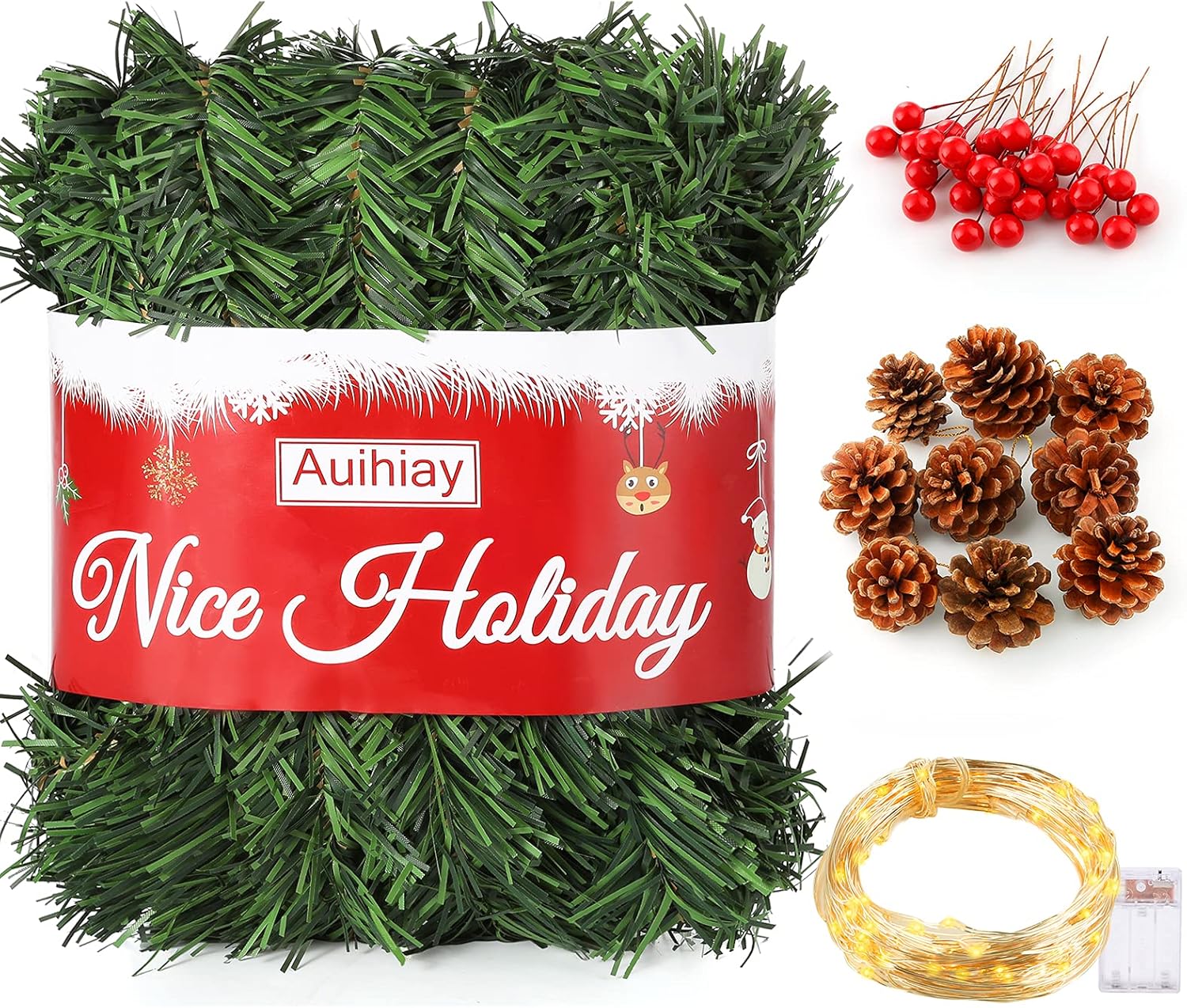 Wreaths, Garlands & Swags - Auihiay 54 Feet Christmas Garland Decoration Soft Greenery Garland with 33 Feet 100 LED String Light, 30 Red Berries and 9 Pine Cones for Home Holiday Party Christmas Outdoor or Indoor Decor