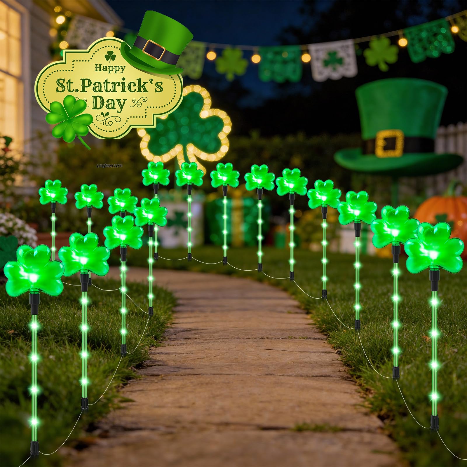 Photo 1 of DTNESS 12 Packs Shamrock Pathway Lights Outdoor Decorations for St. Patricks Day, Green Lucky Clover w/ 8 Modes Lighting Auto ON/Off Waterproof Stake Lights for Festive Outside Garden, Yard Decor