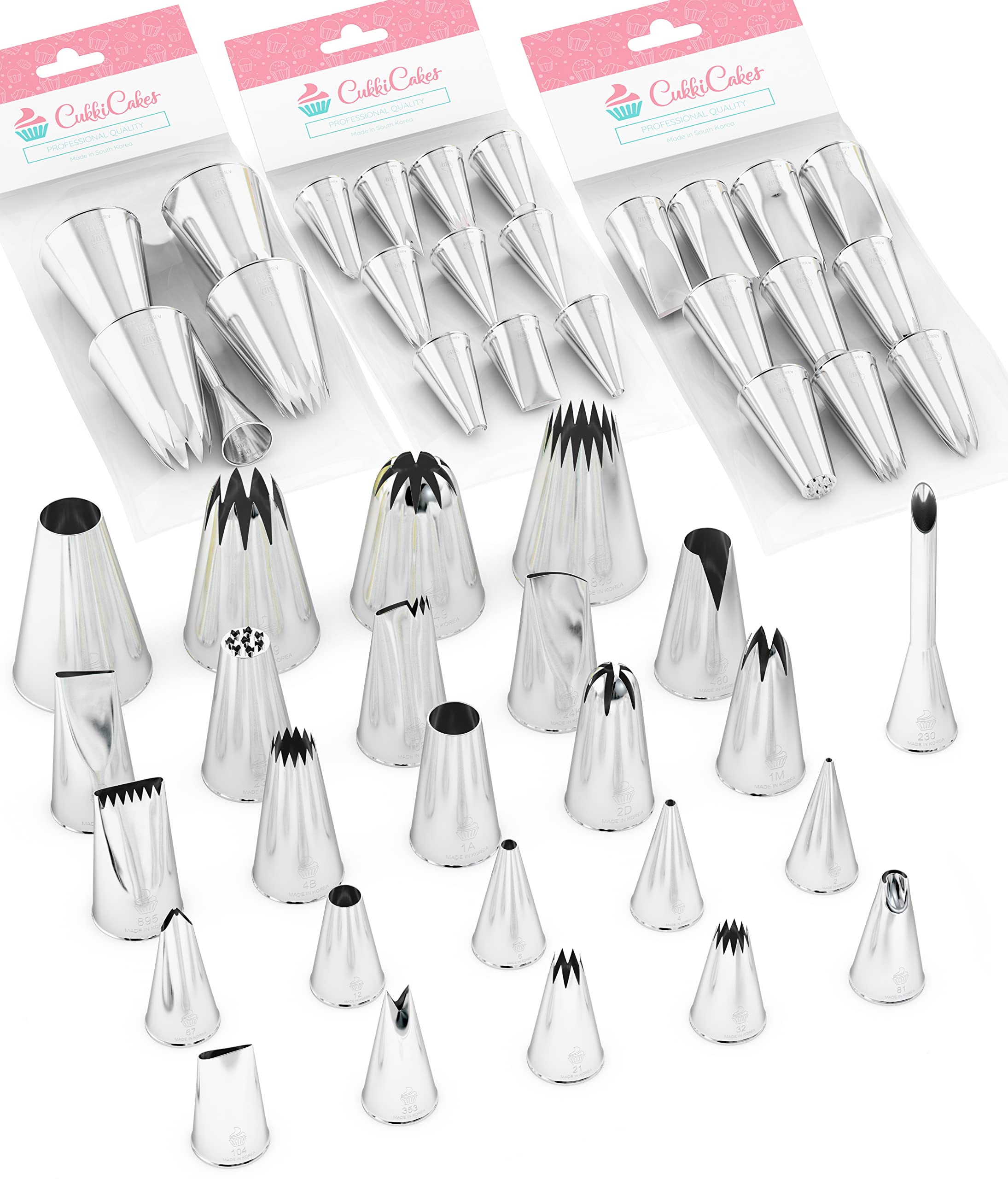 CukkiCakes Advance Set of 25 Professional Piping Nozzles (M, L and XL Sizes) Piping Tips for Decorating Cakes, Cupcakes, Icing Compatible with Pastry Bag - Made in Korea