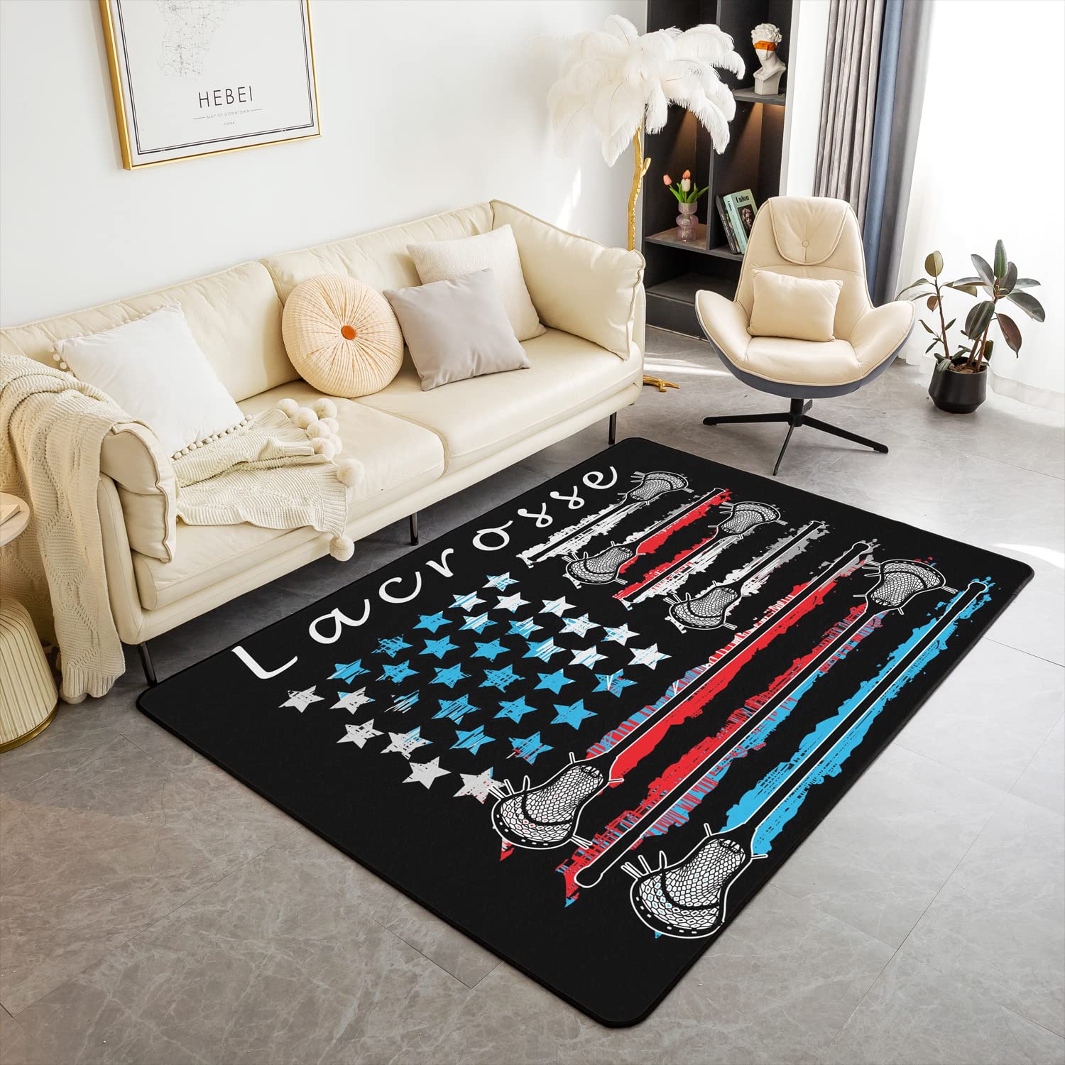 Lacrosse Area Rug Kids American Flag Sports Theme Carpet for Women Men Lacrosse Player Games Rugs for Living Room Bedroom Floor Mat Room Decor 100 * 150cm