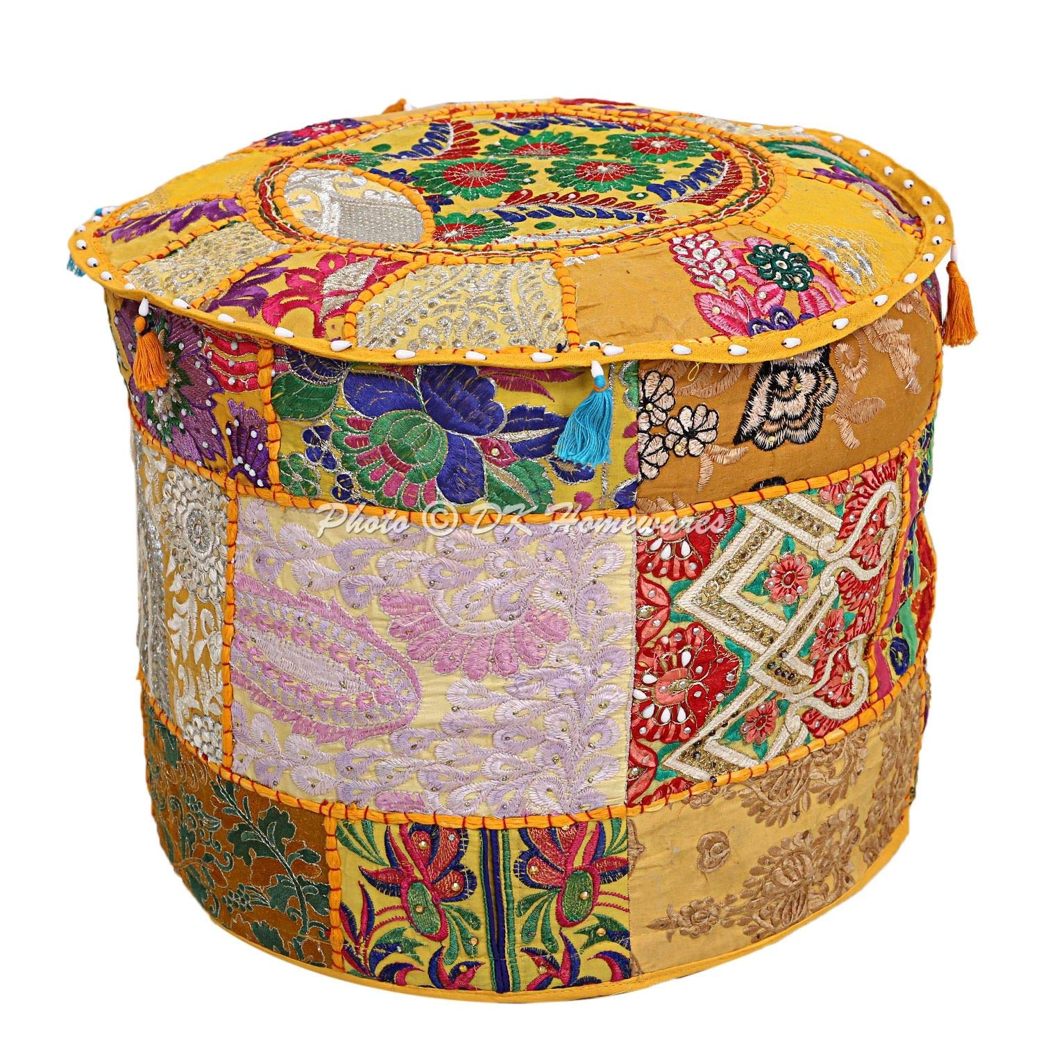 DK Homewares Traditional Indian Embroidered Ottoman Mango Yellow Pouffee Footstools Cover Bedroom Decor Quilted Floral Seat Colourful Footstool Hassock Pouffes Cover (18X18X13 Inches / 45 Cm)