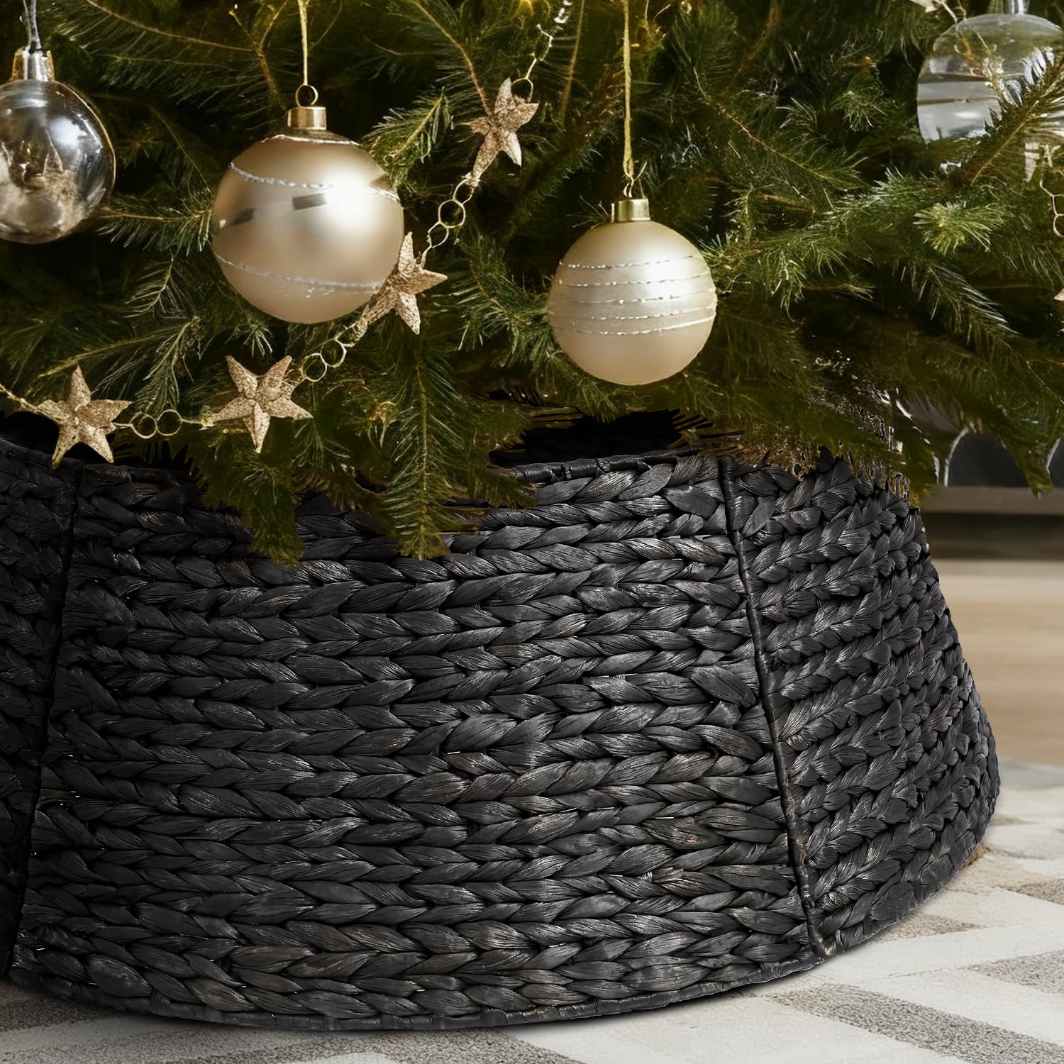 Photo 1 of 5-Piece Rattan Christmas Tree Collar - 24" Rustic Farmhouse Tree Skirt- Xmas Tree Base Cover for Christmas Decoration- Woven Holiday Tree Ring Accessory for Home, Living Room (Black, 24 in)