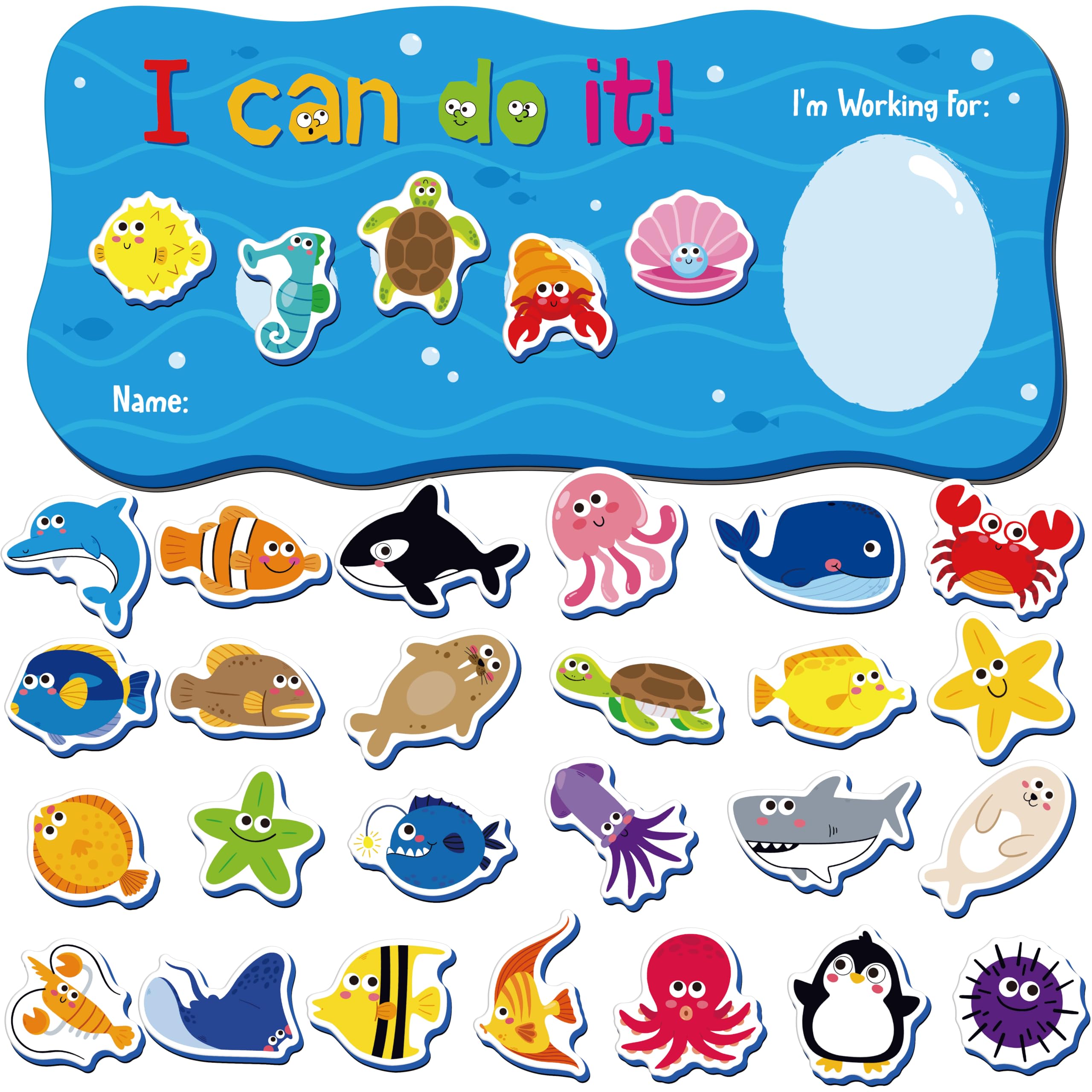 Photo 1 of “I CAN DO IT” Token Board, Magnetic Reward Chart with 30 Animal Magnets, Sea-Themed Reward System Board, Incentive Chart for Good Behavior and Responsibility, Great for Toddlers, Kids, Students