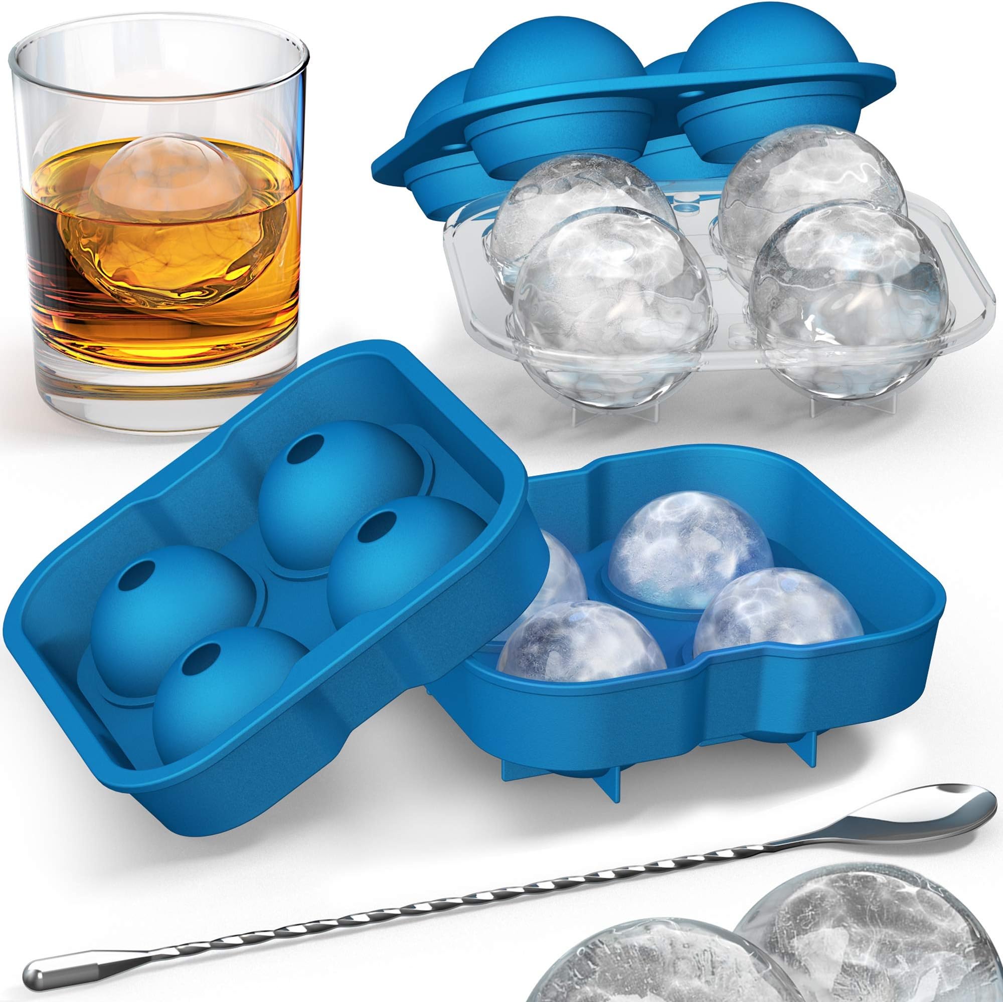 Ice Ball Mold with Stirring Spoon โ Whiskey Ice Ball Maker for Husband โ Includes Large and Small Sphere Ice Mold to Create Ice Balls โ Round Ice Cube Mold, Ice Molds for Whiskey, Ball Ice Cube Mold