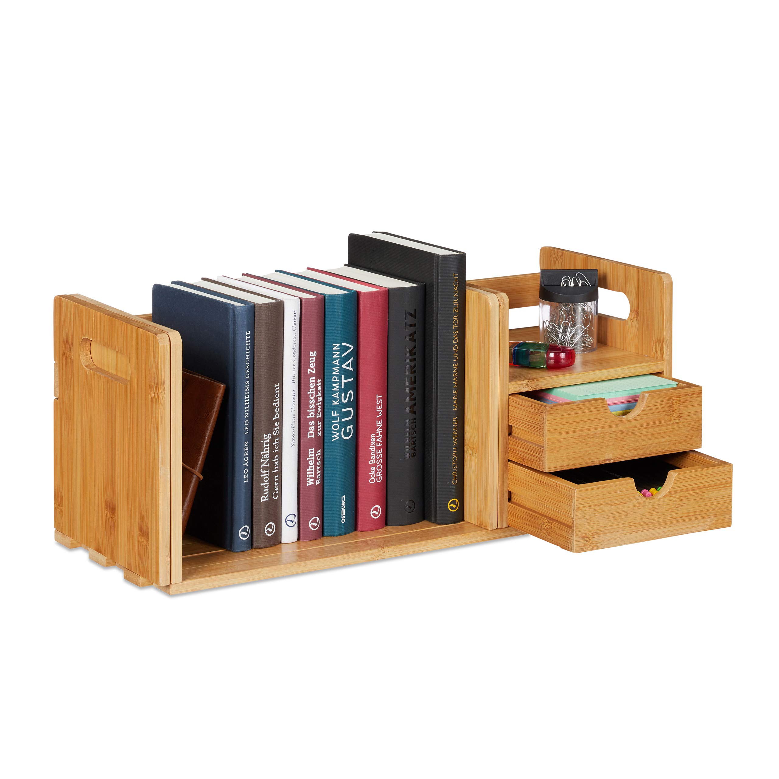 relaxdays Desk Organizer Bamboo, 2 Drawers, Pull-out Bookshelf, Shelf; Tabletop Organiser, HxWxD: 21 x 80.5 x 19 cm, Natural