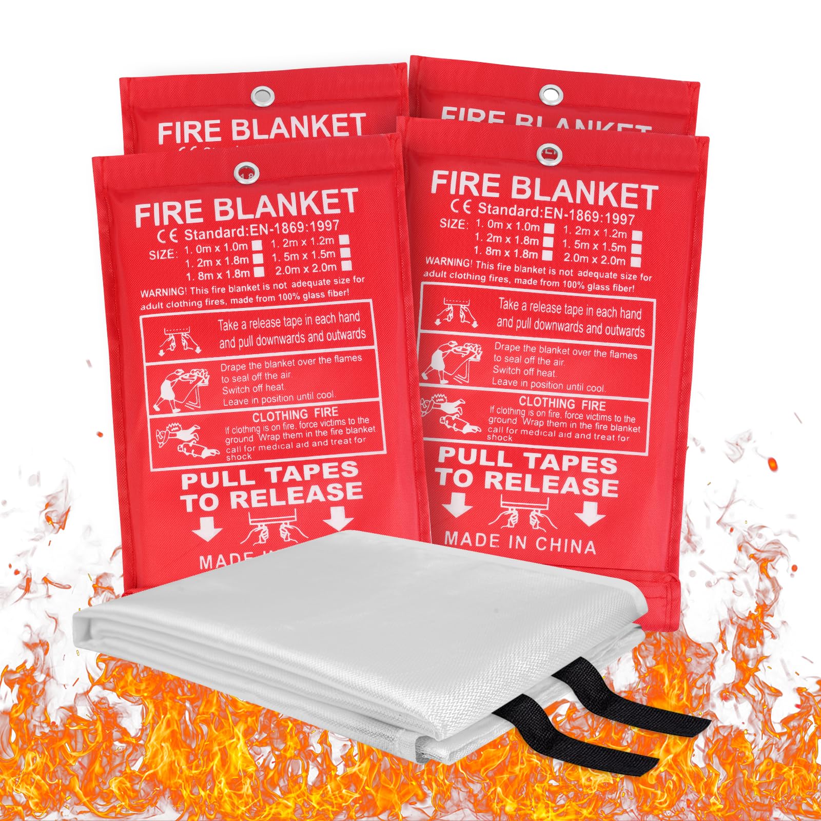Flintronic 4PCS Fire Blanket, 1m X 1m Emergency Fire Blanket for Kitchen, Quick Unfolding, Fibreglass Fire Blankets with Loops, Flame Retardant Fire Blanket for Home, Office, Caravan, School