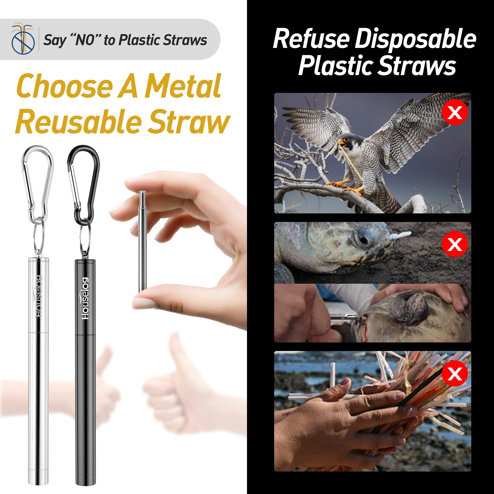 Reusable Straws - 2 Pack Telescopic Reusable Straws Stainless Steel Metal Drinking Straw (P-Black/Silver)