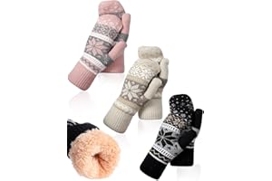 Vicenpal 3 Pairs Women Winter Mittens Snowflake Mitten Fleece Lining Cozy Wool Glove Cold Weather Thick Warm Knitted