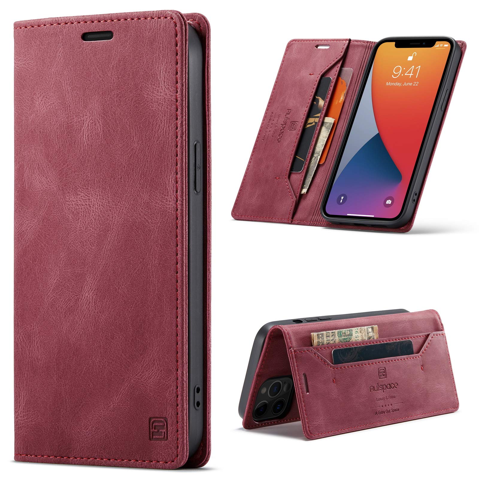 EYZUTAK Wallet Case for iPhone 13 Pro Max 6.7 inch, Retro Matte Protective Leather Case with RFID Blocking Viewing Stand Magnetic Closure TPU Shell Flip Cover - Red