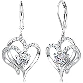 MILACOLATO Valentine's Day Gifts - 925 Sterling Silver Heart Dangle Earrings 14K White Gold Plated Sparkle Birthstone Earrings Sweet Love Heart Leverback Earrings Hypoallergenic Dangle Hoop Earrings for Women