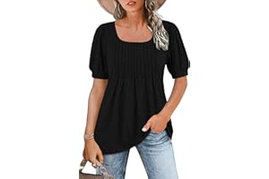 WNEEDU Womens Summer Shirts Plus Size Tops Puff Short Sleeve Square Neck Tunic Top Dressy Pleated Blouse 2026