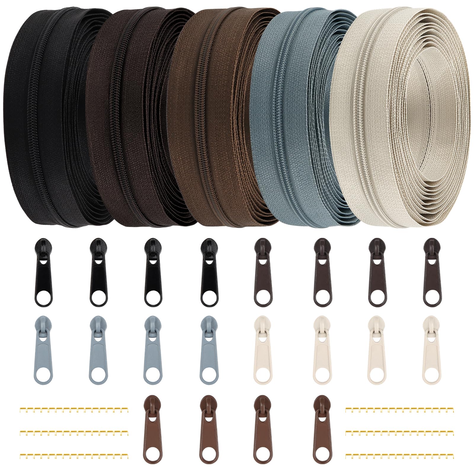 DOITEM 15.3 Yards/ 14 m 5 Pieces Assorted Colors #3 Nylon Coil Zippers, Sewing Zippers Endless Zips with 20 Zipper Sliders Zip Heads for DIY Tailor Craft Supplies (Black Brown Gray), (DT1139)