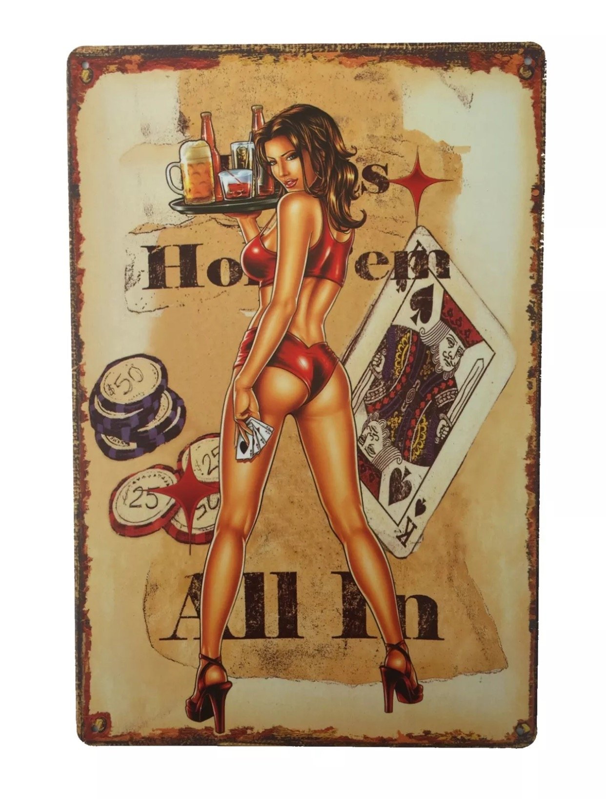 Texas Holdem All In Poker Tin Sign Metal Novelty Retro Vintage Wall Plaque 20x30cm Decorative Sign - Ideal for Pub Bar Office Home Bedroom Dining Room Kitchen - Cool Classic Gift Shabby Chic Present
