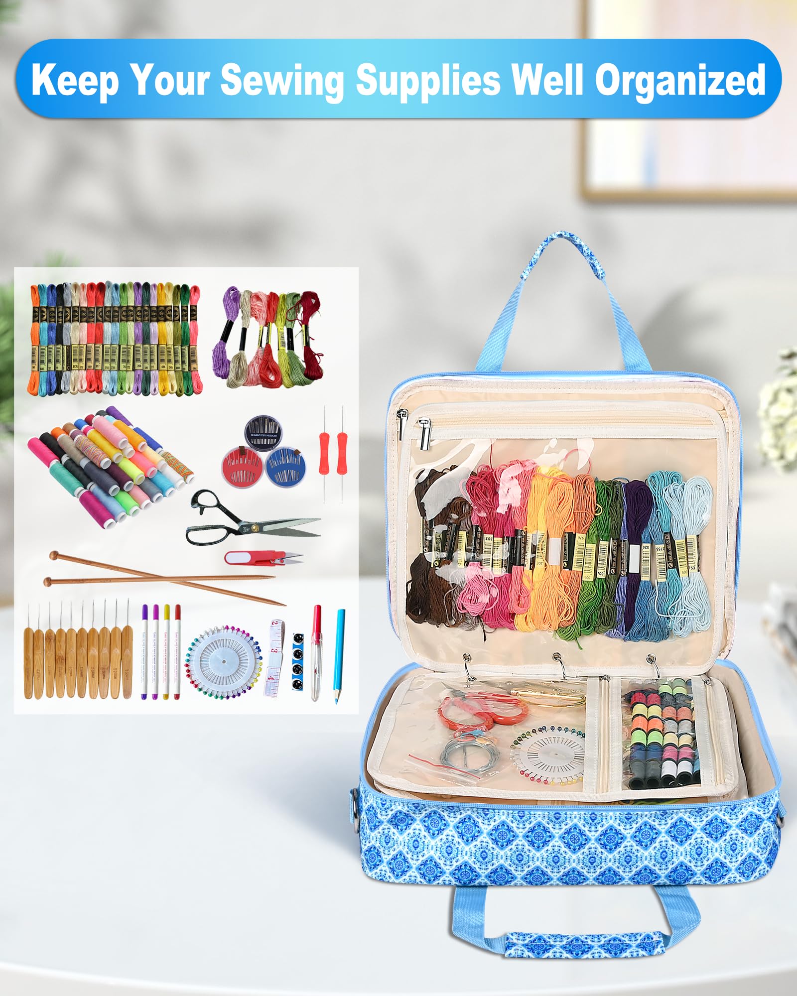 Telawsfun Craft and Sewing Supplies Storage Bag with Removable Binder, Large Capacity Travel Organizer Tote With Multi Pocket for Sewing Tools and Accessories (Blue Floral)