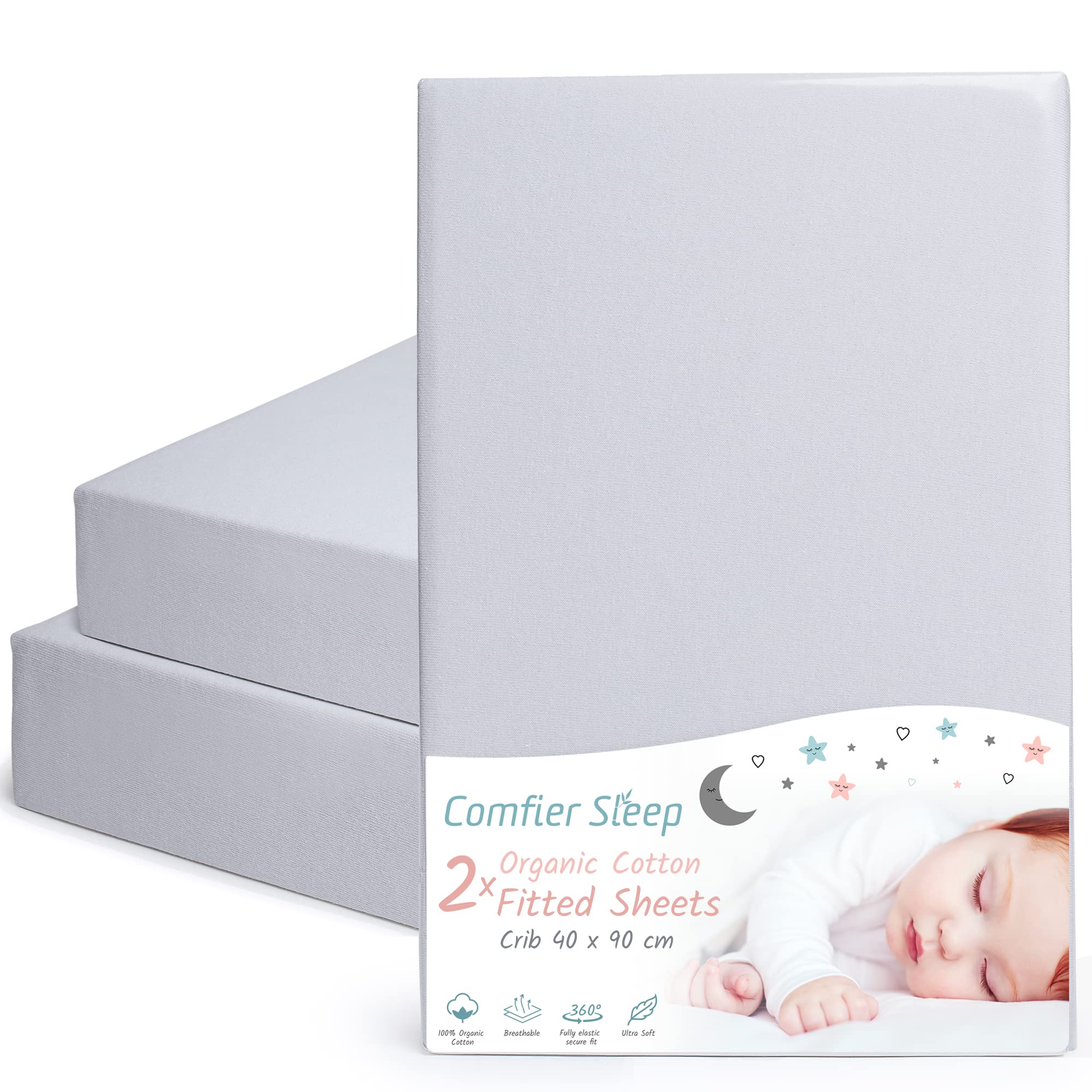 Crib Sheets 40x90cm Fully Fitted and 100% Organic Cotton Completely Natural Crib Sheets Grey color Set of 2 Ultra-soft and Comfortable for Your Baby