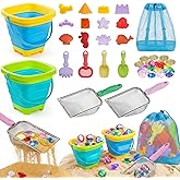 Eicaus 46 PCS Beach Sand Toys for Kids Toddlers, Collapsible Sand Buckets &amp; Mesh Bag Set with Heavy Duty Metal Sifters, Treasure Hunt Gems, Castle Molds, Travel Sandbox Toys for Boys Girls