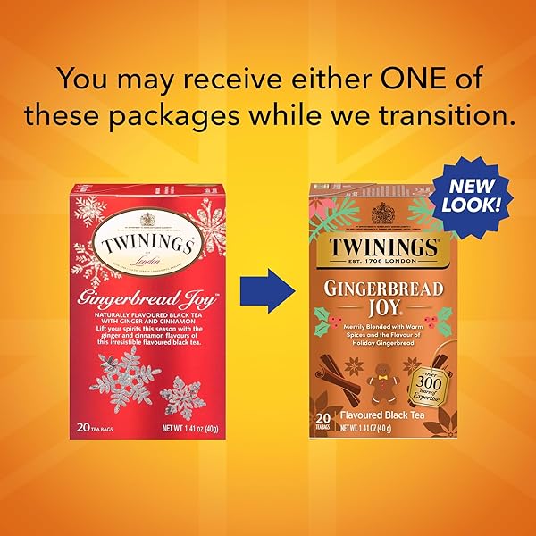 TWININGS GINGERBREAD JOY BLACK TEA INDIVIDUALLY WRAPPED BAGS, 20 COUNT (PACK OF 1), GINGER & CINNAMON, CAFFEINATED, ENJOY HOT OR ICED, 20 TEABAGS