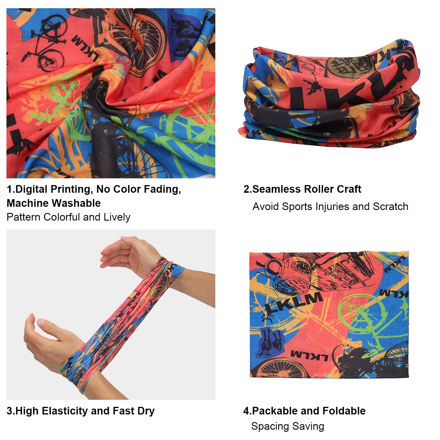 iOutdoor Products 5pcs cappelleria multifunzionale sudore-assorbente sciarpa fascia senza cuciture traspirante elastico in esecuzione protezione UV Bandana per uomo e donna