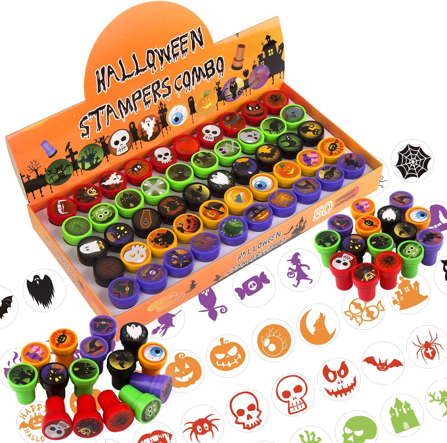 FINGOOO Halloween Stamps for Kids 50 Pcs Self-Ink Stamps Halloween Design Plastic Stamp for Party Favor Party Bag Filler Supply