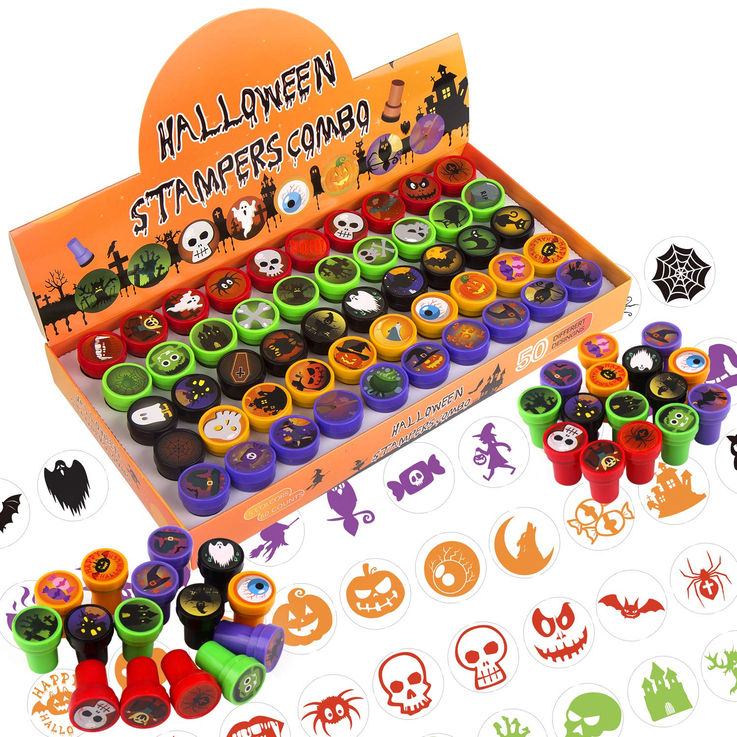 FINGOOO Halloween Stamps for Kids, 50 Pcs Self-Ink Stamps Halloween Design Plastic Stamp for Party Favor Party Bag Filler Supply
