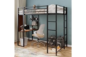 Merax Twin Metal Loft Bed with 2 Shelves and one Desk,Loft Bed Frame with 2 Built-in Laddersl,Noise Free,No Box Spring Neede,Black