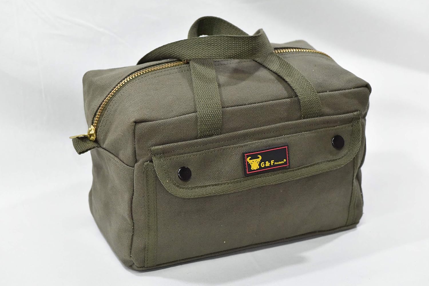 Government Issued Style Mechanics Heavy Duty Tool Bag with Brass zipper and side pockets, tool bag for cars, drill, garden, and electrician. Olive Green: Sports & Outdoors