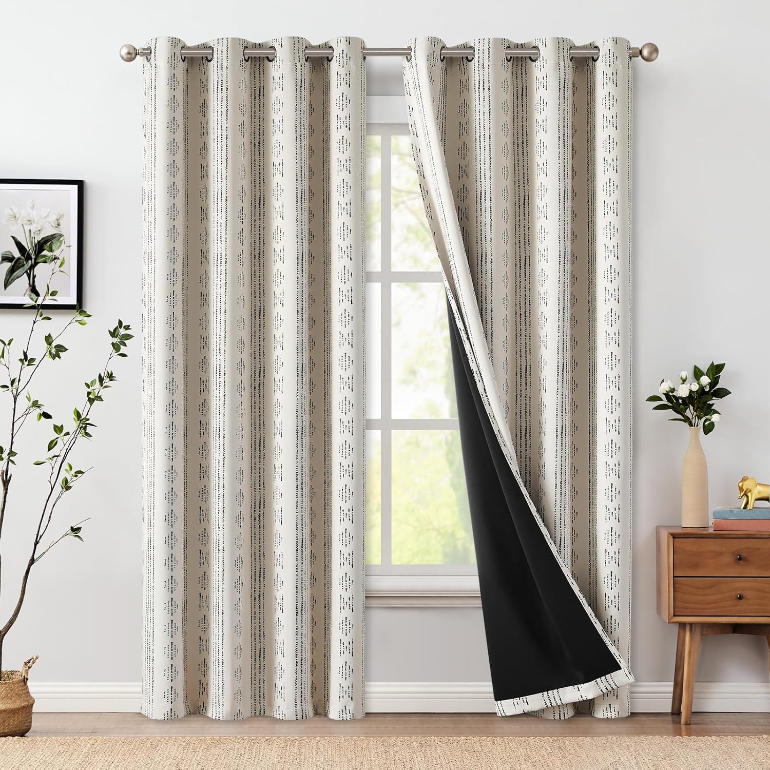 Window Treatments - jinchan Full Blackout Boho Curtains 84 Inches Long for Bedroom Black on Beige Geometric Printed Grommet Top Room Darkening Thermal Insulated Window Drapes 2 Panels
