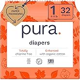 Pura Hypoallergenic Diapers, Size 1 (4-11 lbs), Newborn, Totally Chlorine Free, Wetness Indicator, Suitable for Sensitive Skin, Soft Organic Cotton Comfort, Overnight, 1 Pack of 32 Baby Diapers
