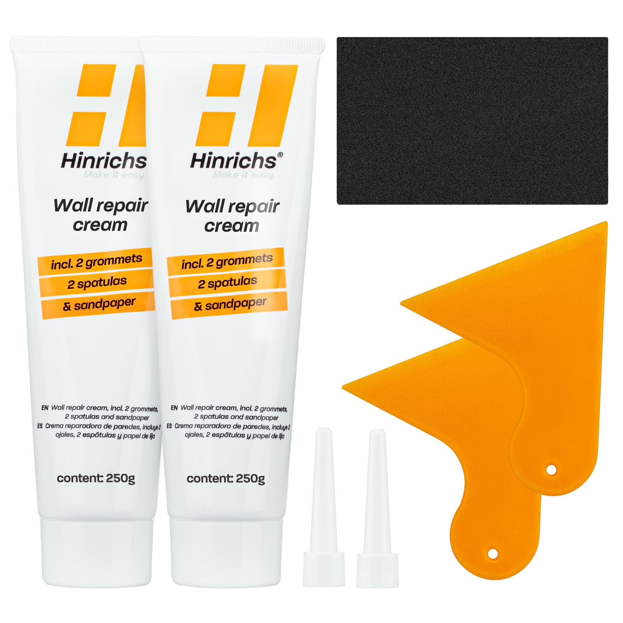 Hinrichs Wall Repair Cream 250g Set of 2 x 250g Filling Spatulas 2 x Wall Spatulas 2 x Nozzle and Sandpaper Wall Putty for Quick Repairs and Repairs