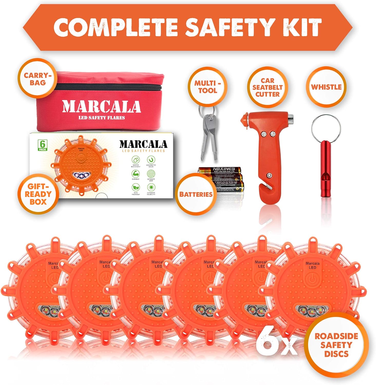 MARCALA LED Road Flares 6-Pack | The Only Roadside Safety Disc Kit with a Whistle | DOT Compliant LED Safety Flares Kit w/Batteries Installed, Carry-Case and 4 Bonus Items | Feel Safer on the Road!: Automotive