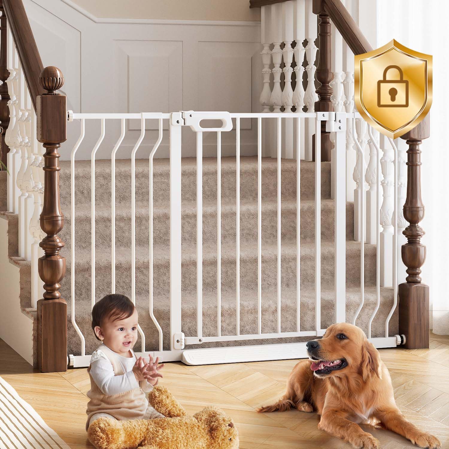 Photo 1 of Mom's Choice-GROWNSY Baby Gate for Stairs, 29.5"-48.4" Pressure Mounted Baby Gate for Top of Stair&Doorway with V-Shaped Rods, Anti-Trip Pedal, Extra Wide Stairs Dog Gate Easy Install w/Red Reminder