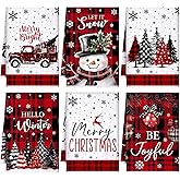 Bencailor 6 Pcs Christmas Kitchen Towels 16 x 24 Inch Winter Buffalo Plaid Dish Hand Towels Farmhouse Snowman Truck Tea Washcloths for Xmas Kitchen Decor Holiday Housewarming Gifts (Red and White)