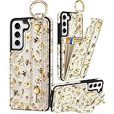 Petitian for Samsung Galaxy S22 Case with Wallet - Women Girls Cute Girly Aesthetic Unique Design Leather Credit Card Holder Cardholder Stand Wristband for S22, Flower