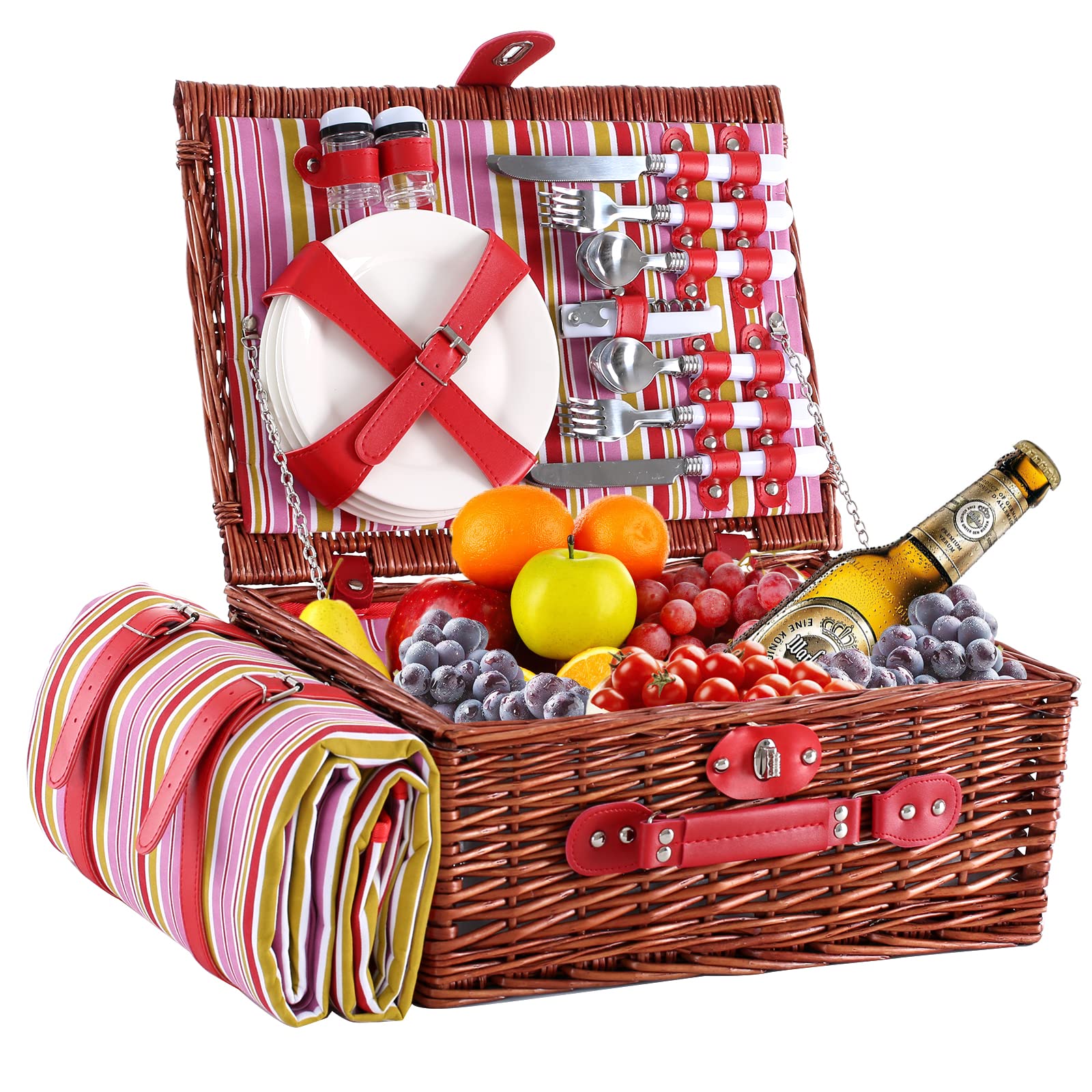 HYBDAMAI Willow Picnic Basket Set for 4 Persons with Waterproof Picnic ...