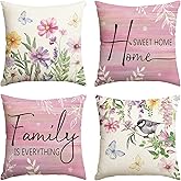 AVOIN colorlife Spring Saying Flowers Butterfly Pink Throw Pillow Covers, 18 x 18 Inch Home Sweet Home Cushion Case for Sofa Couch Set of 4