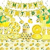 KEFAN Lemon Birthday Party Decorations, Lemon Theme Party Tableware Supplies including HAPPY BIRTHDAY Banner, Plates, Cups, Napkins, Tablecloth, Balloons for Lemon Birthday Party, Serves 20