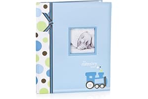 PEARHEAD Lil Peach Train Baby Five Year Memory Book Photo Journal, Cherish Every Precious Moment Of Your Babys First Years, Blue