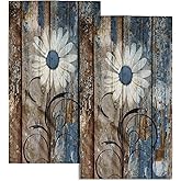 Giwawa Rustic Daisy Board Towels Set of 2, Vintage Flower Print on Blue Grey Brown Plank Hand Fingertip Towel Retro Stripe Face Towel Country Barn Wooden Washcloth for Farmhouse Guest Bathroom Decor