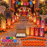 130-Piece Dia de los Muertos Luminary Bag Kit with LED Candles and Flowers | 30 Dia de los Muertos luminary bags, 24 electronic candles, 16 decorative butterflies, 60 chrysanthemums