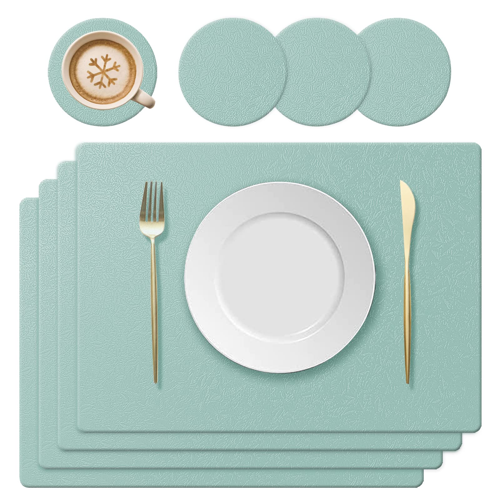 KERYCHIN Silicone Place Mats + 4 Round Coasters Set with Non-Slip Leaf Pattern, Heat Resistant 230 °C, Washable Place Mat for Kitchen, Home, Restaurant, Dining Table, 40 x 30 cm, Light Green