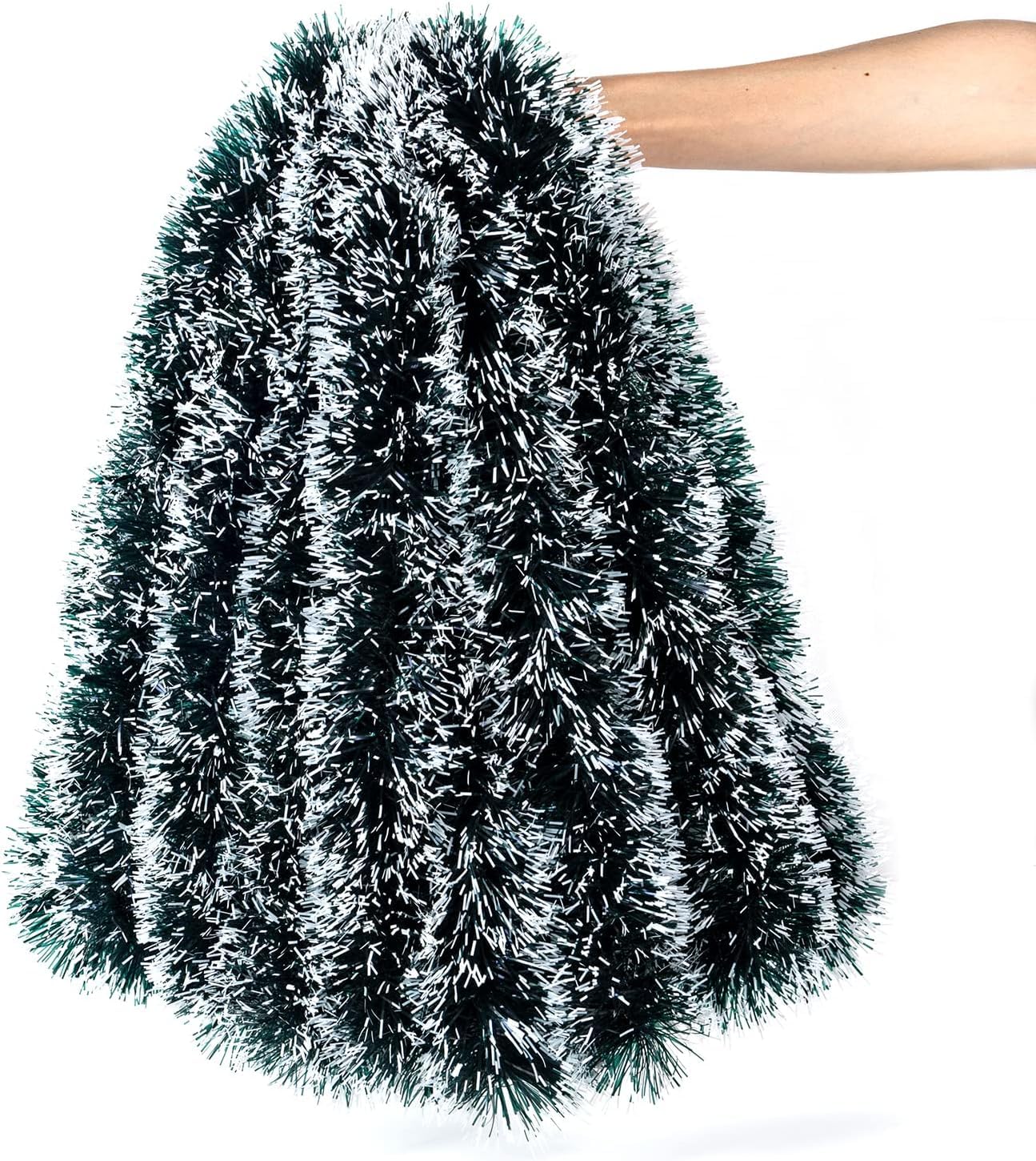 Dark Green & White Christmas Tinsel Tree Garland - 32.8 Feet, Indoor/Outdoor Decorations