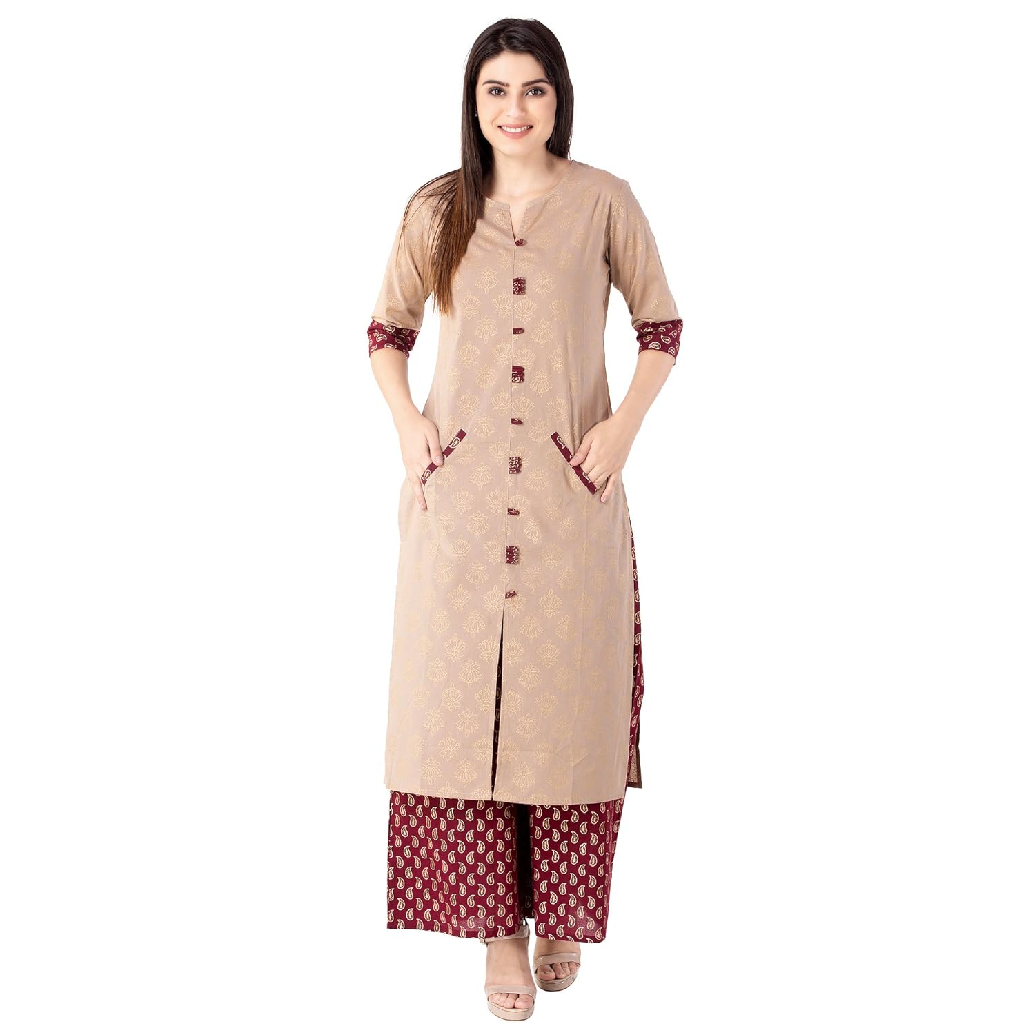 khushal k women's cotton gold printed kurta with palazzo set