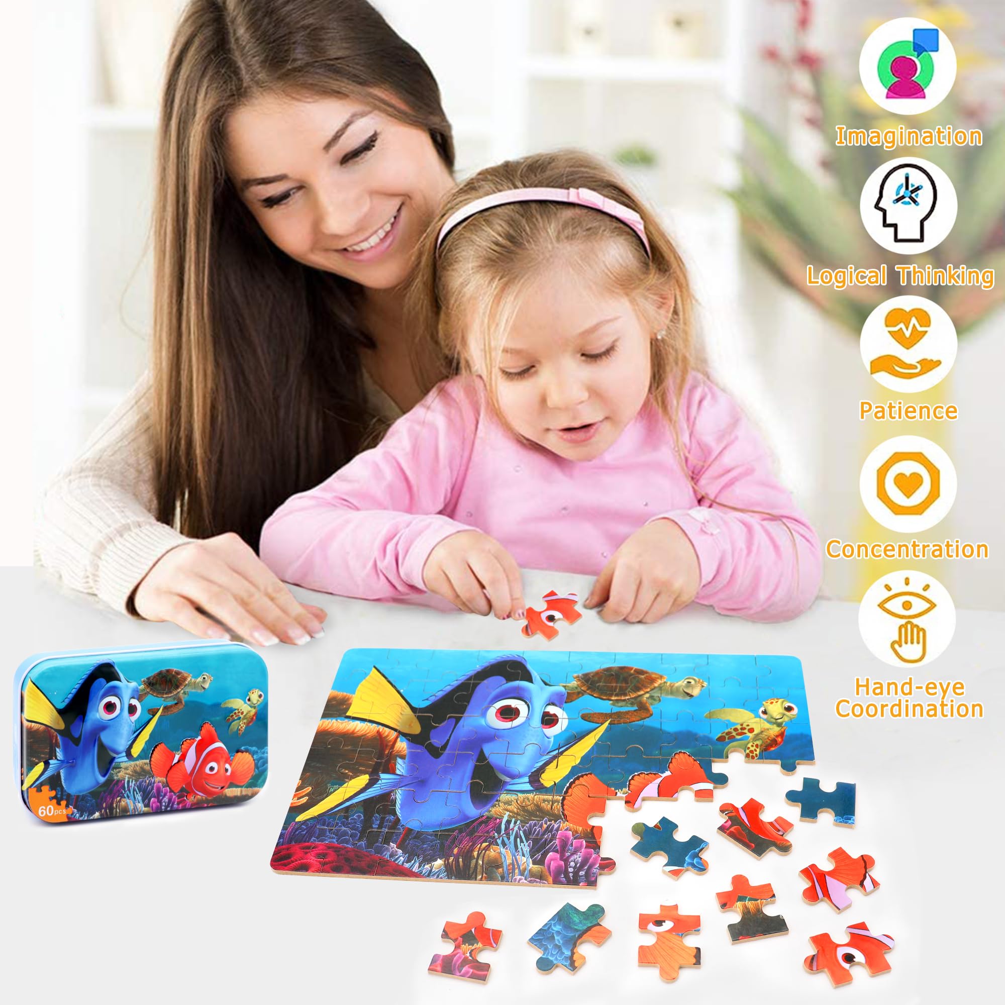 LELEMON Ocean Puzzles for Kids Ages 4-6,Underwater World 60 Piece Puzzles for Kids Ages 4-8,Children Jigsaw Puzzles in a Metal Box,Educational Learning Puzzle Toys for Girls and Boys