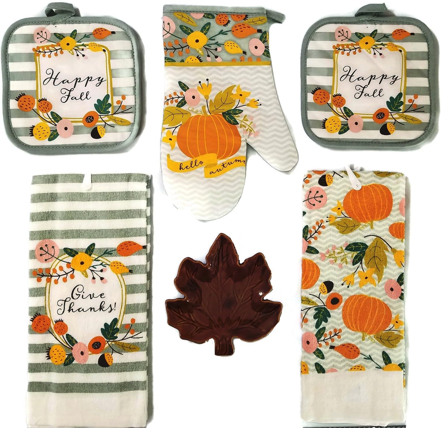 Fall Kitchen Mitt,Potholder Towel Kitch set With Fall Leaf Cermic Spoon Rest (Happy Gray)